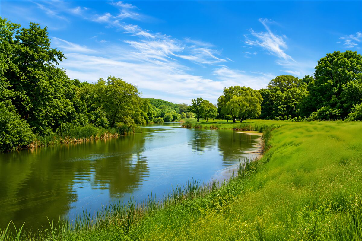 Fototapeten ruhige Gewässer auf einer grünen Wiese