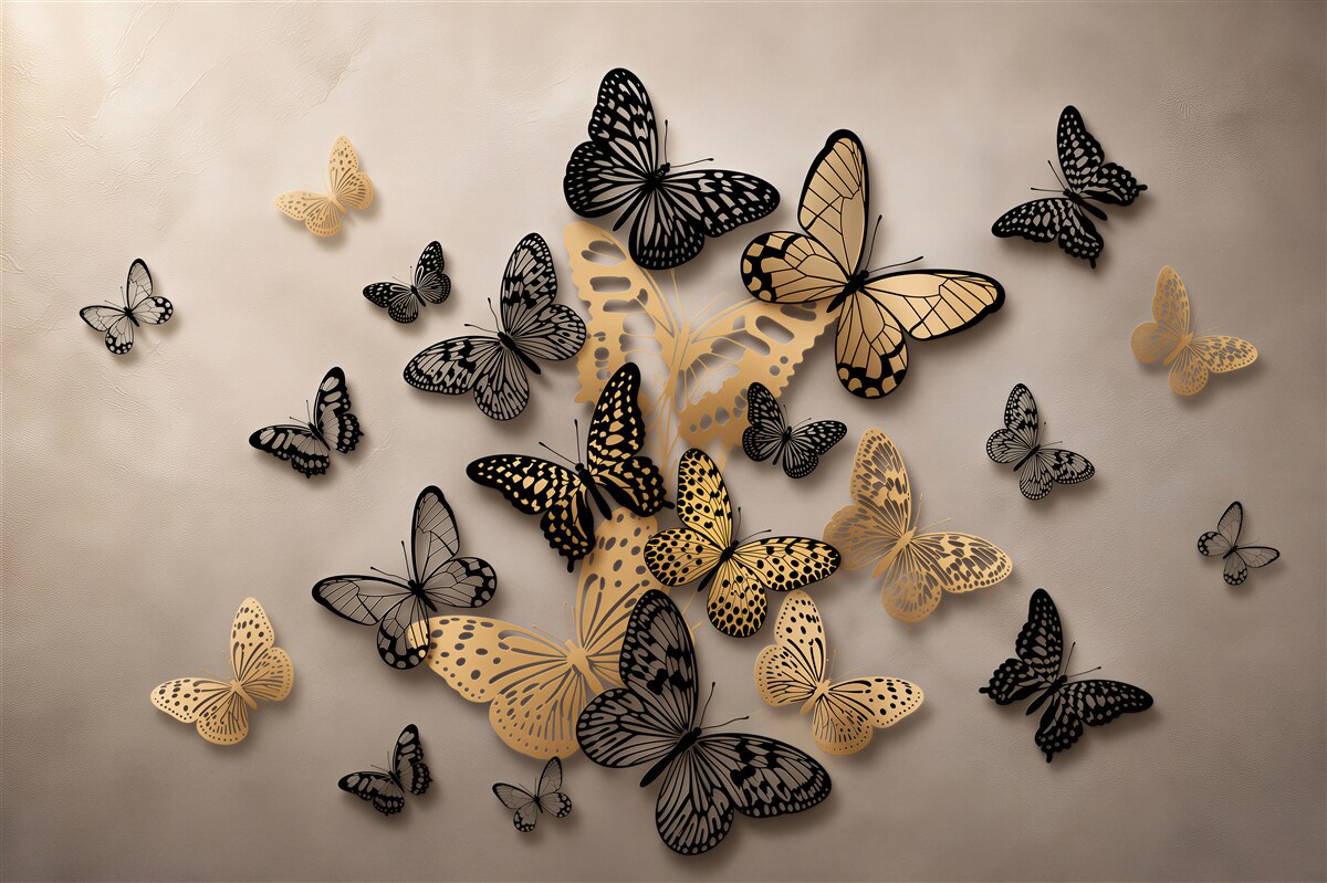 Fototapeten fliegende goldene und schwarze Schmetterlinge