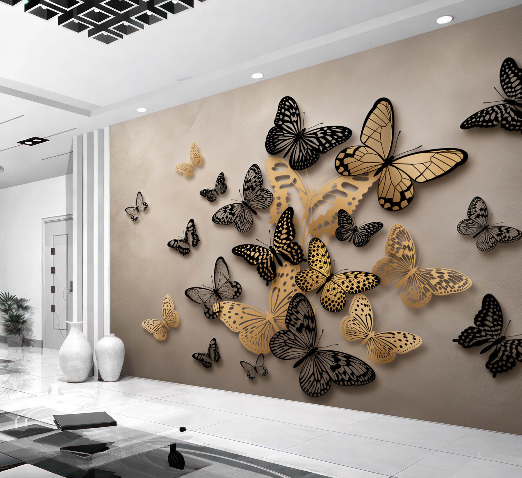 Fototapeten fliegende goldene und schwarze Schmetterlinge