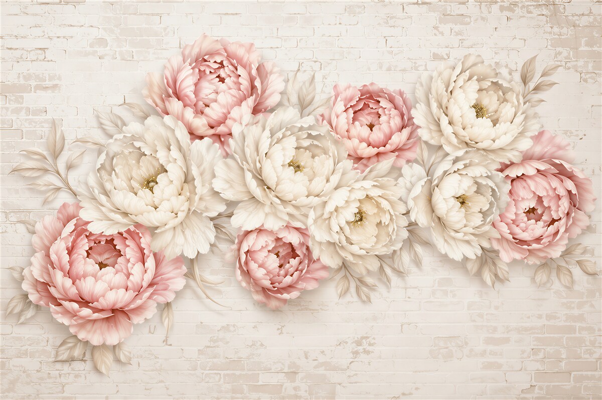 Fototapeten weiße und rosa Knospen auf Ziegelhintergrund