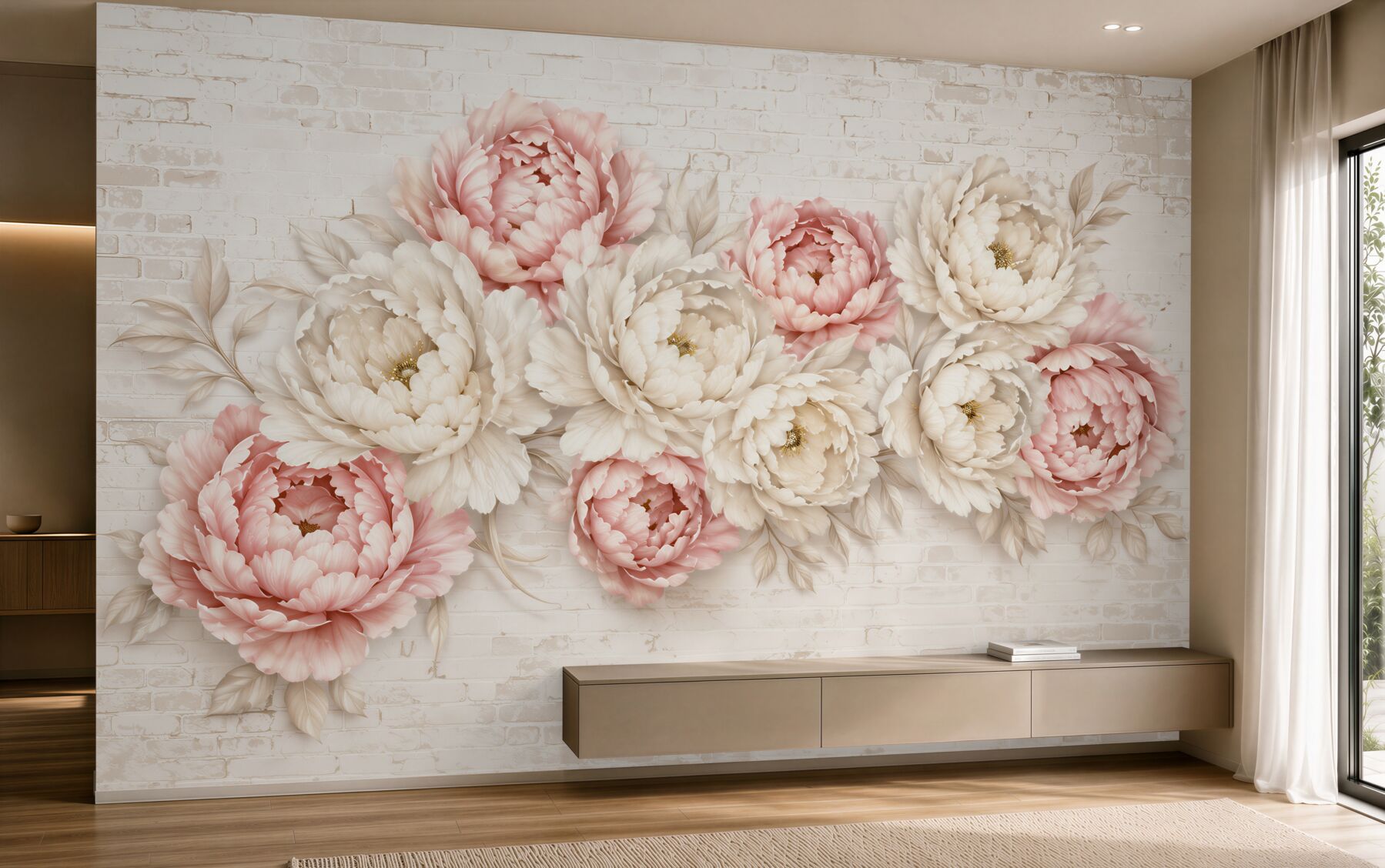 Fototapeten weiße und rosa Knospen auf Ziegelhintergrund