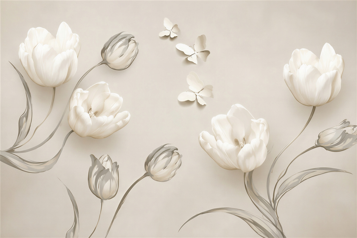 Fototapeten schneeweiße Tulpen und Schmetterlinge daneben