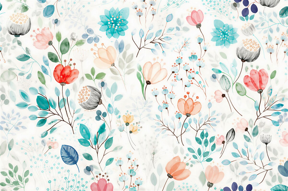 Fototapeten zarte Aquarellblumen und Blätter
