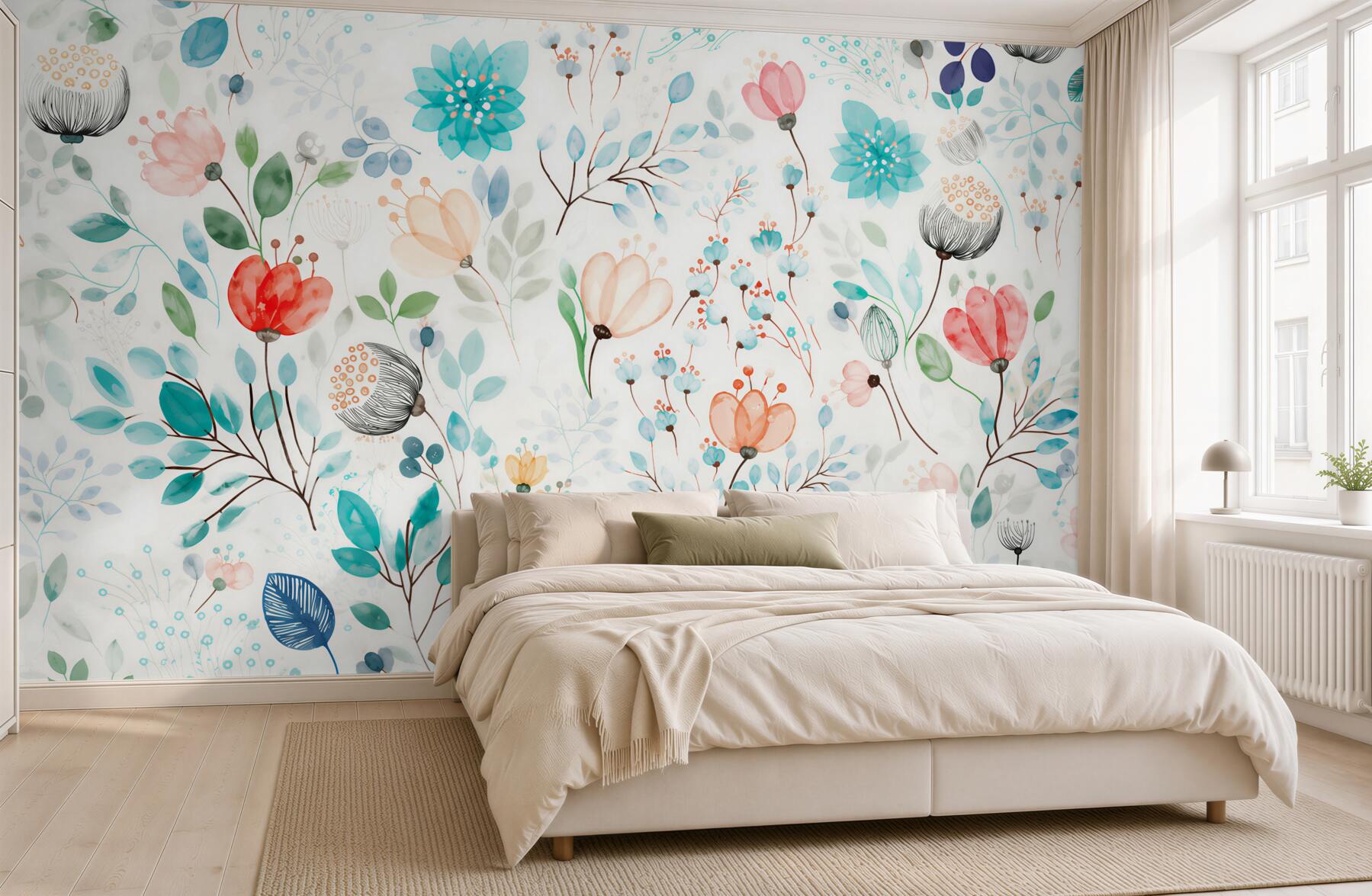 Fototapeten zarte Aquarellblumen und Blätter