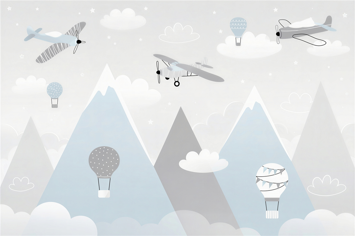 Fototapeten Flugzeuge und Heißluftballons über den Bergen