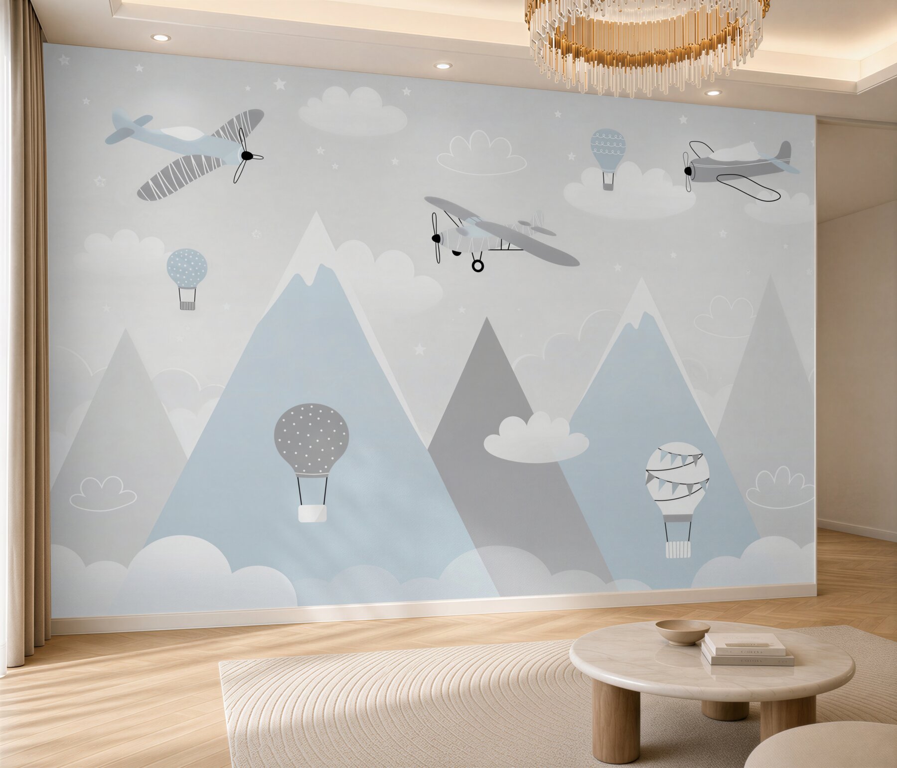 Fototapeten Flugzeuge und Heißluftballons über den Bergen