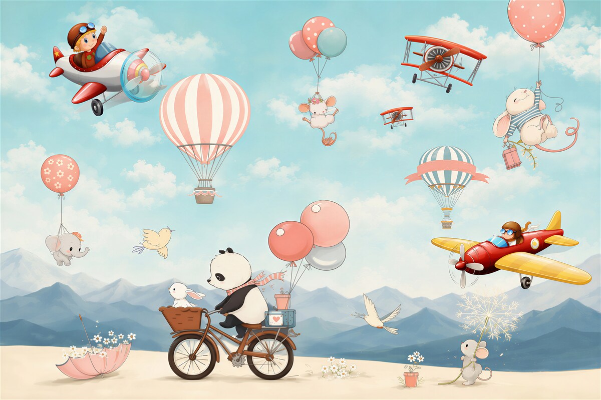 Fototapeten Panda auf dem Fahrrad und andere fliegende Tiere