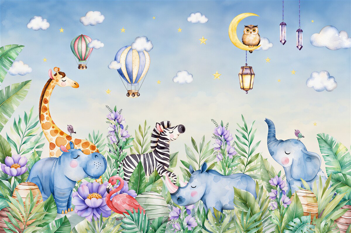 Fototapeten niedliche Tiere und Ballons