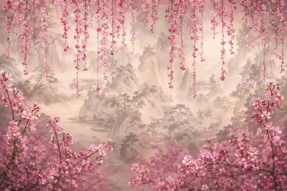 Fototapeten rosa Blumen, die über dem Wasser fallen