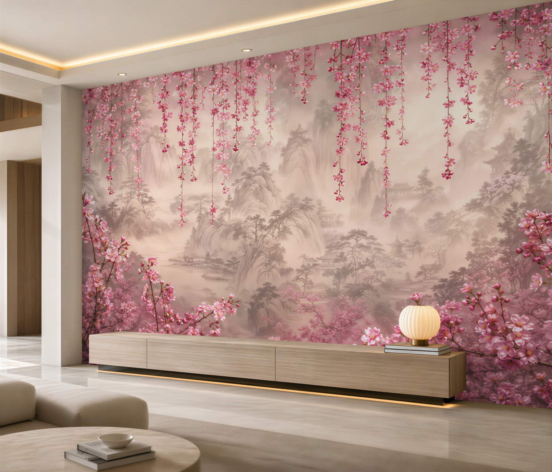 Fototapeten rosa Blumen, die über dem Wasser fallen