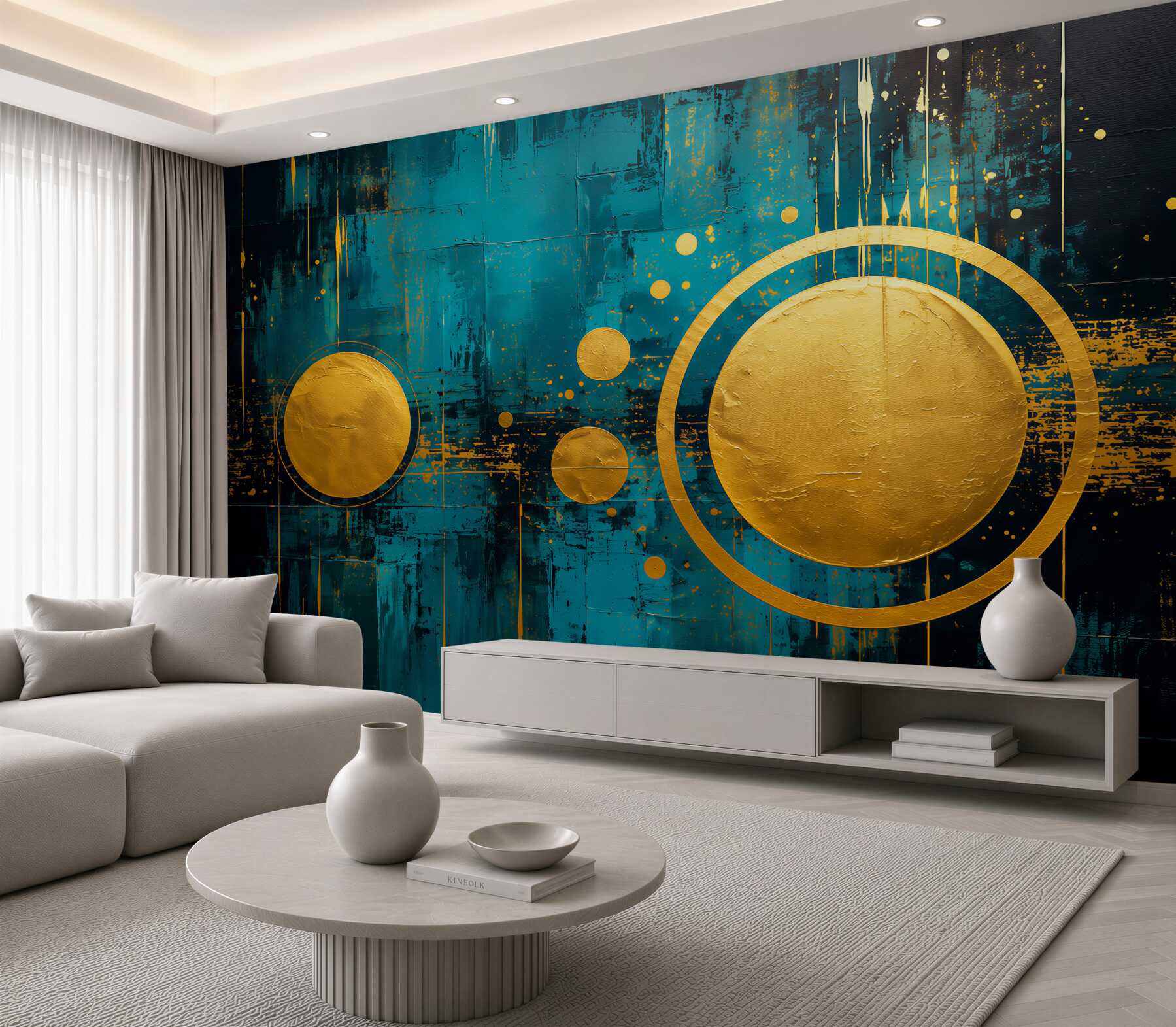 Fototapeten Goldene Kreise auf türkisfarbenem Hintergrund