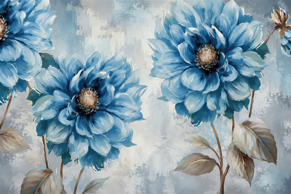 Fototapeten blaue Blumen und Vögel während des Sommerregens