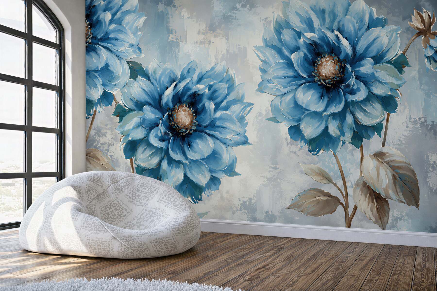 Fototapeten blaue Blumen und Vögel während des Sommerregens