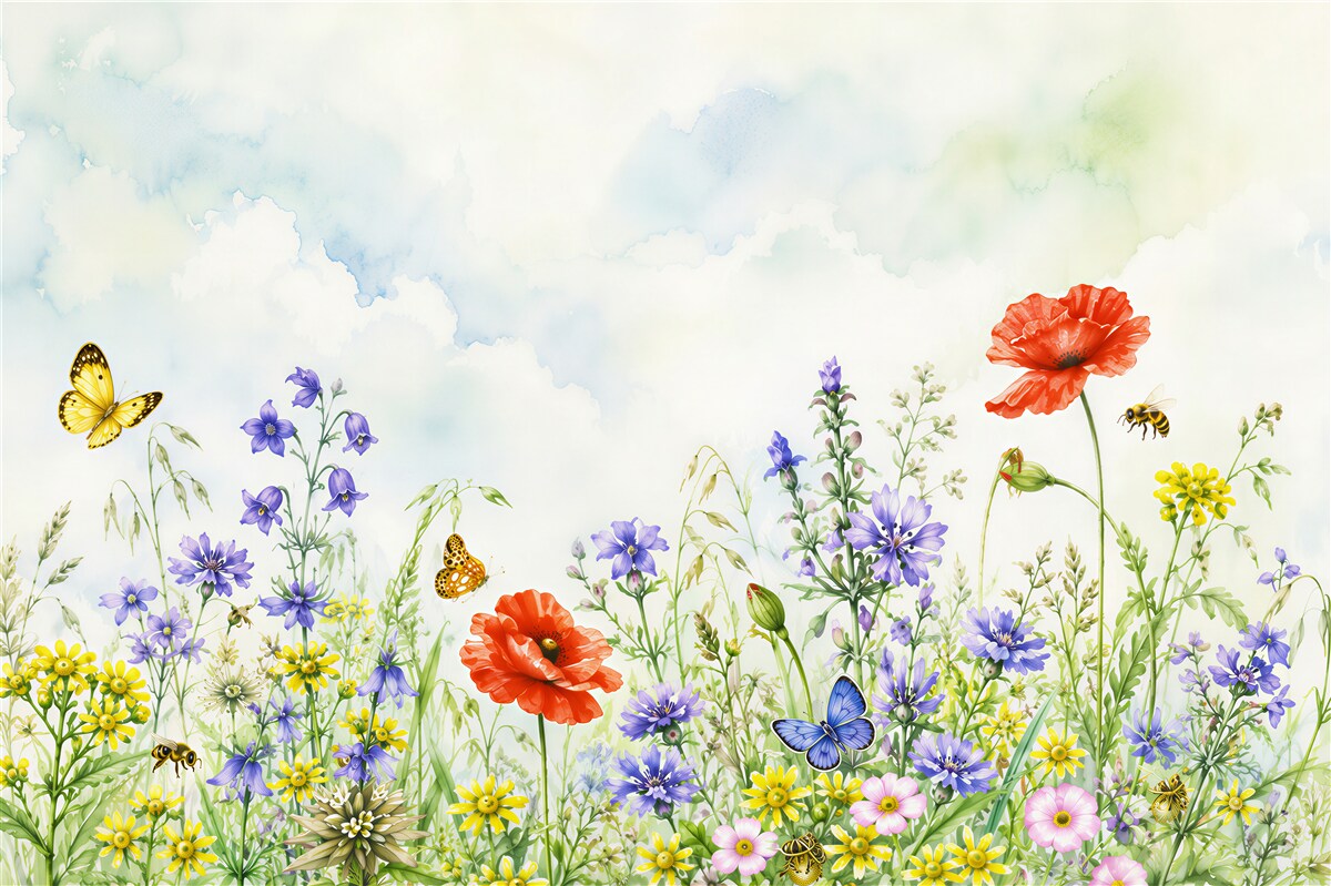 Fototapeten helle Sommerblumen und Schmetterlinge
