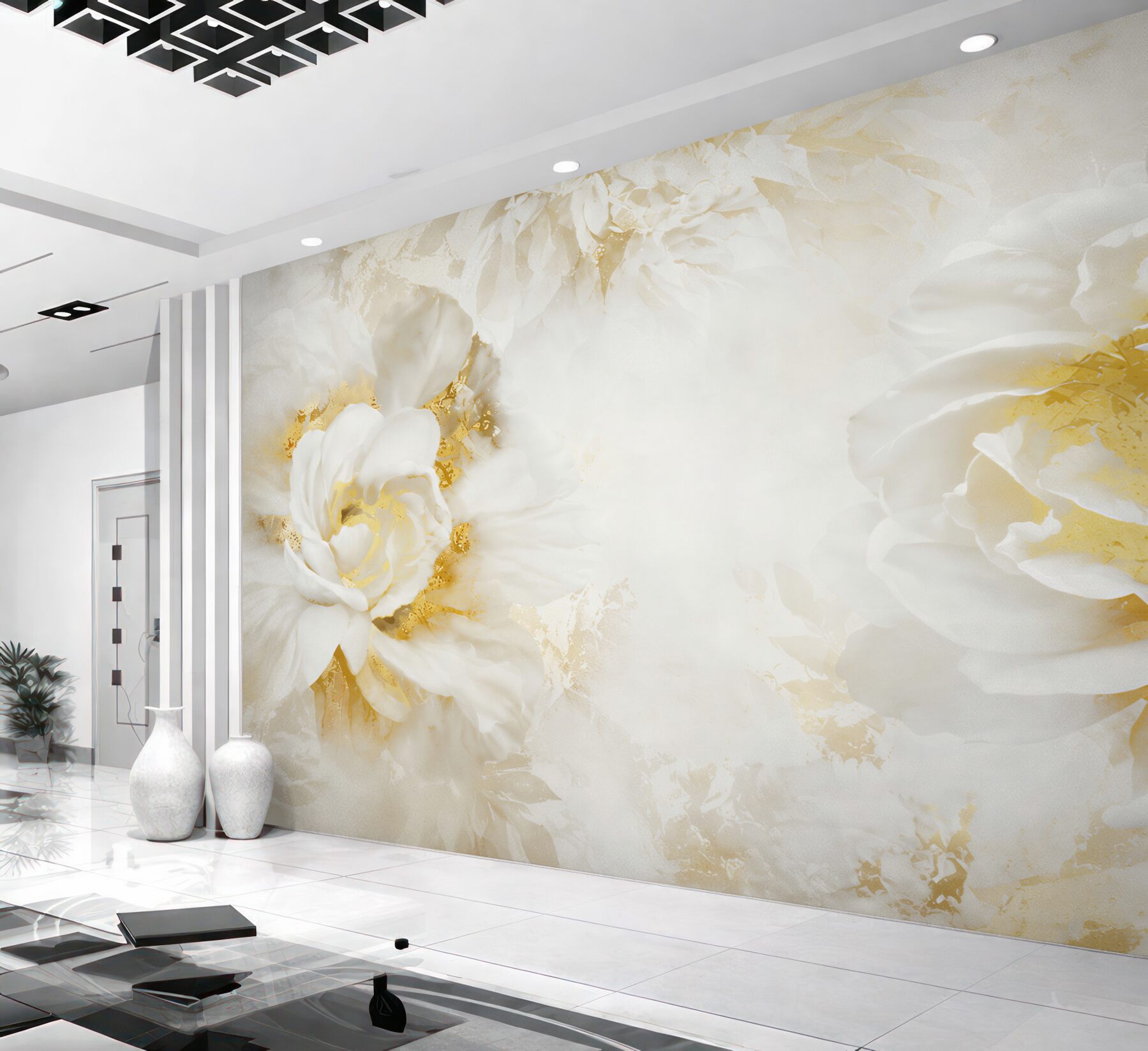 Fototapeten Weiße Blumen mit Gold