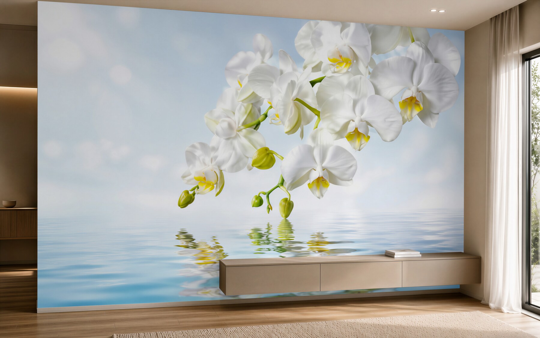 Fototapeten Zweig einer weißen Orchidee in der Nähe von ruhigem Wasser