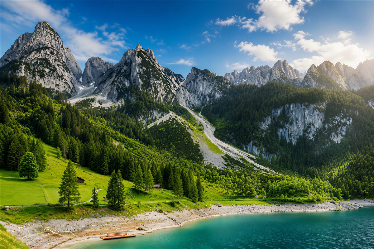 Fototapeten verschneite Berggipfel und grüner Wald