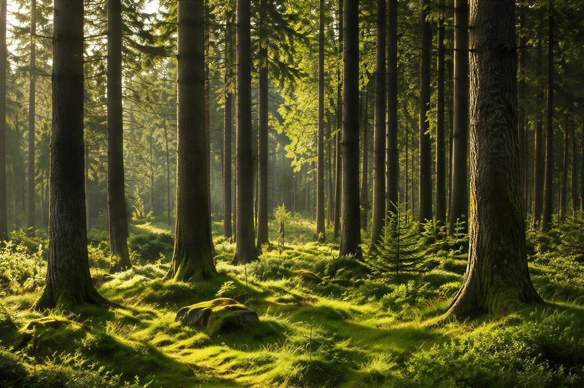 Fototapeten schlanke alte Bäume und grünes Moos