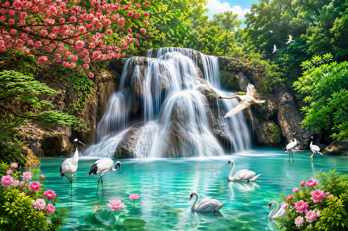 Fototapeten Wasserfall und Schwäne im azurblauen Wasser