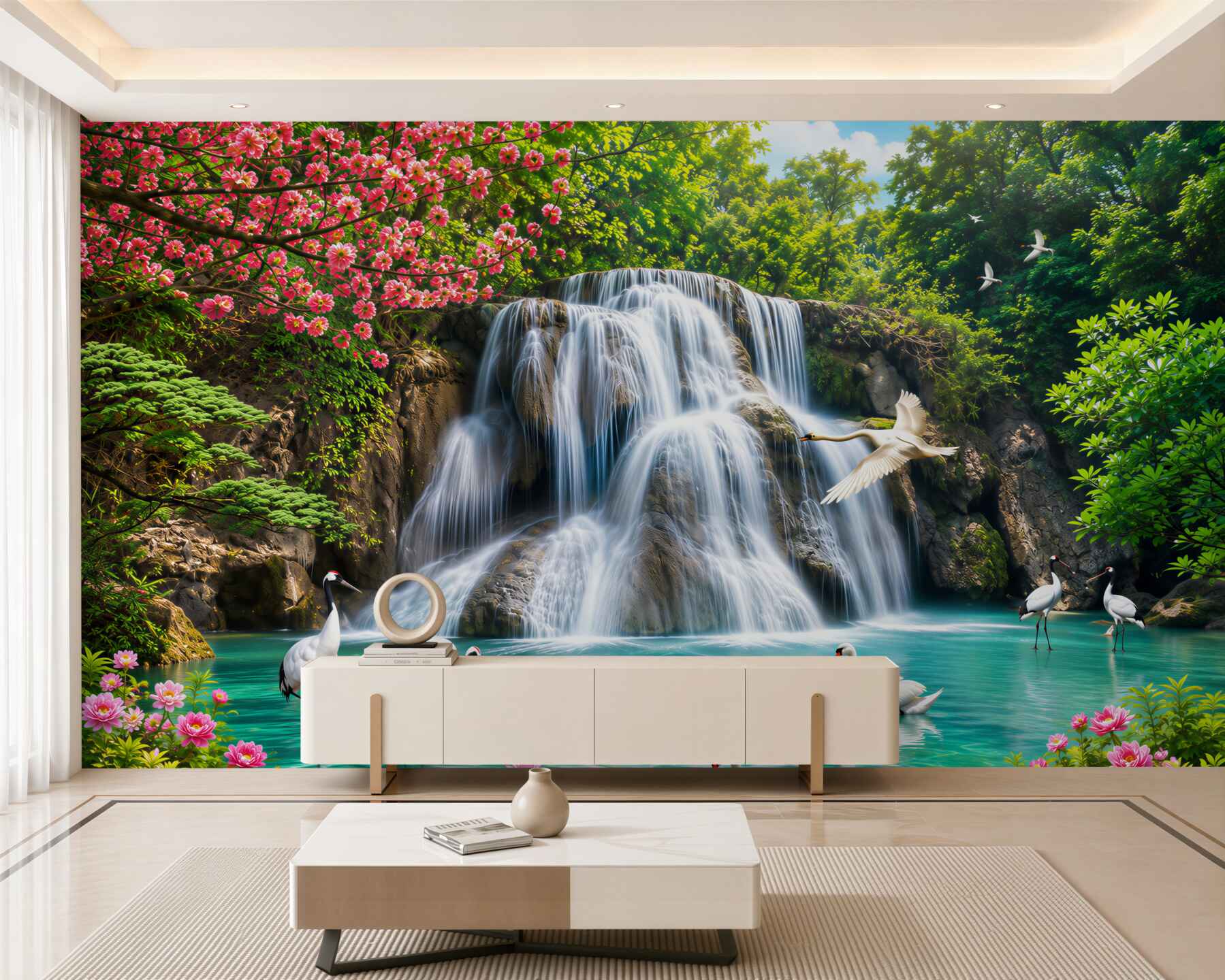 Fototapeten Wasserfall und Schwäne im azurblauen Wasser