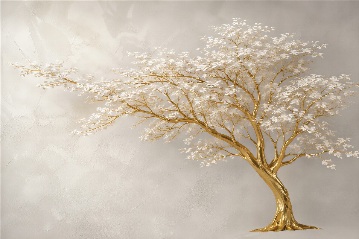 Fototapeten Großbaum mit vielen Ästen und weißen Blumen