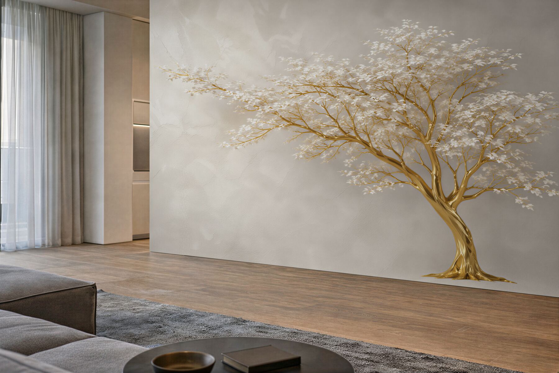 Fototapeten Großbaum mit vielen Ästen und weißen Blumen