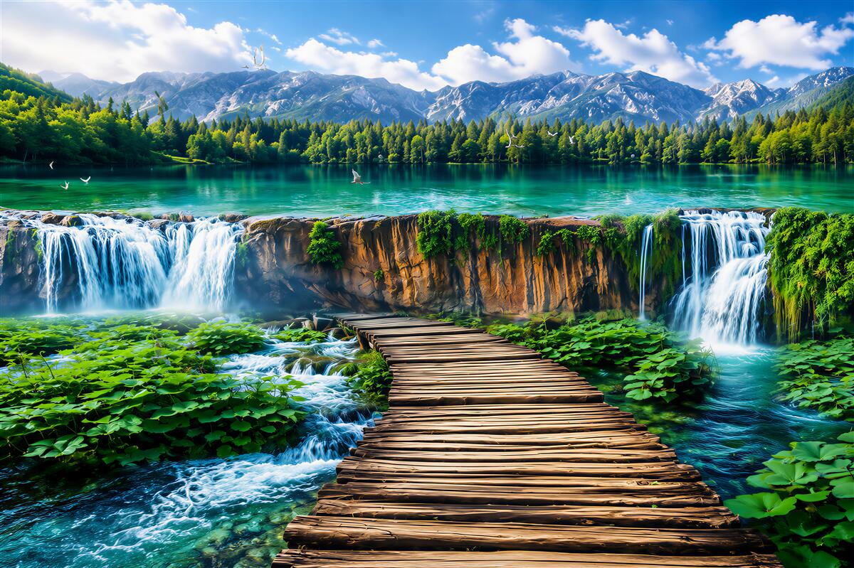 Fototapeten Aussichtspunkt vor einem Wasserfall