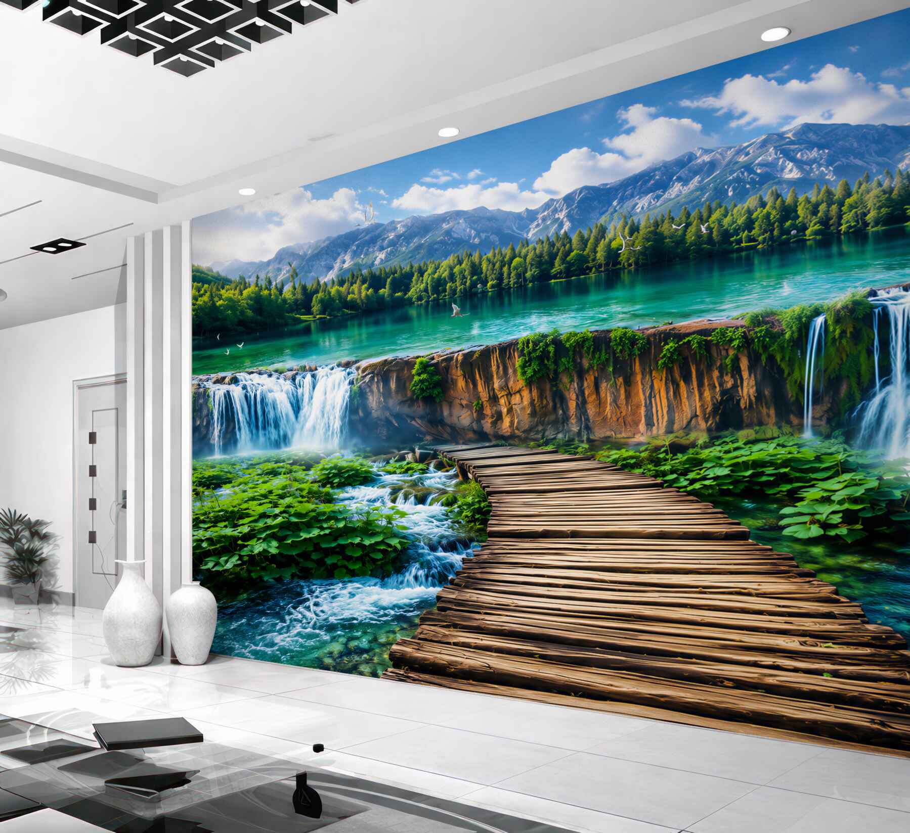Fototapeten Aussichtspunkt vor einem Wasserfall