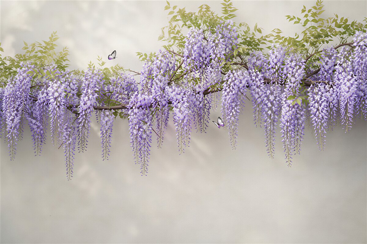Fototapeten Schmetterlinge wirbeln in der Nähe von lila Blumen