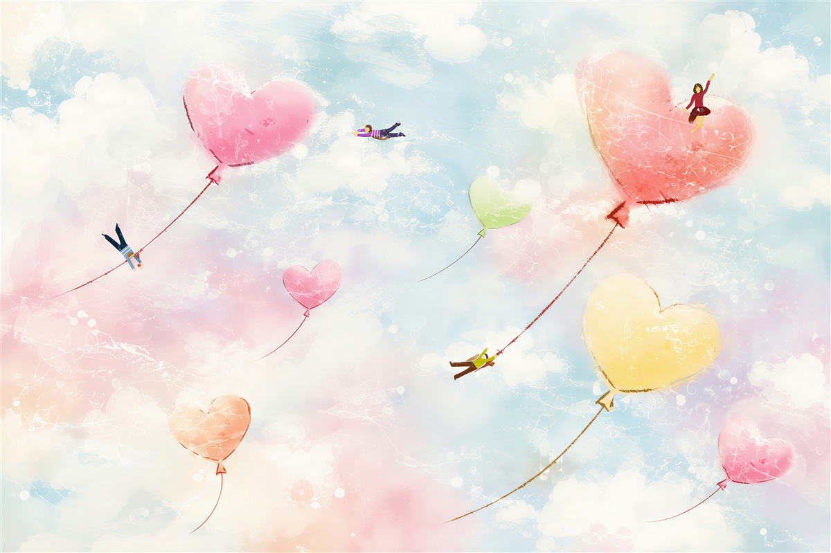 Fototapeten Menschen, die in herzförmigen Ballons fliegen