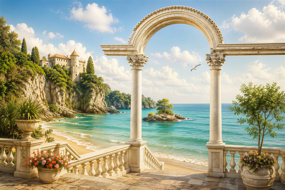 Fototapeten Säule an einem sandigen Strand