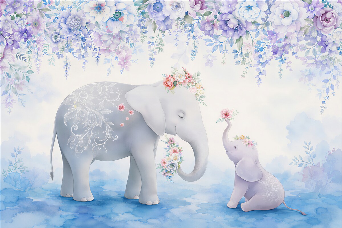 Fototapeten Elefant und Elefantenbaby in Blumen