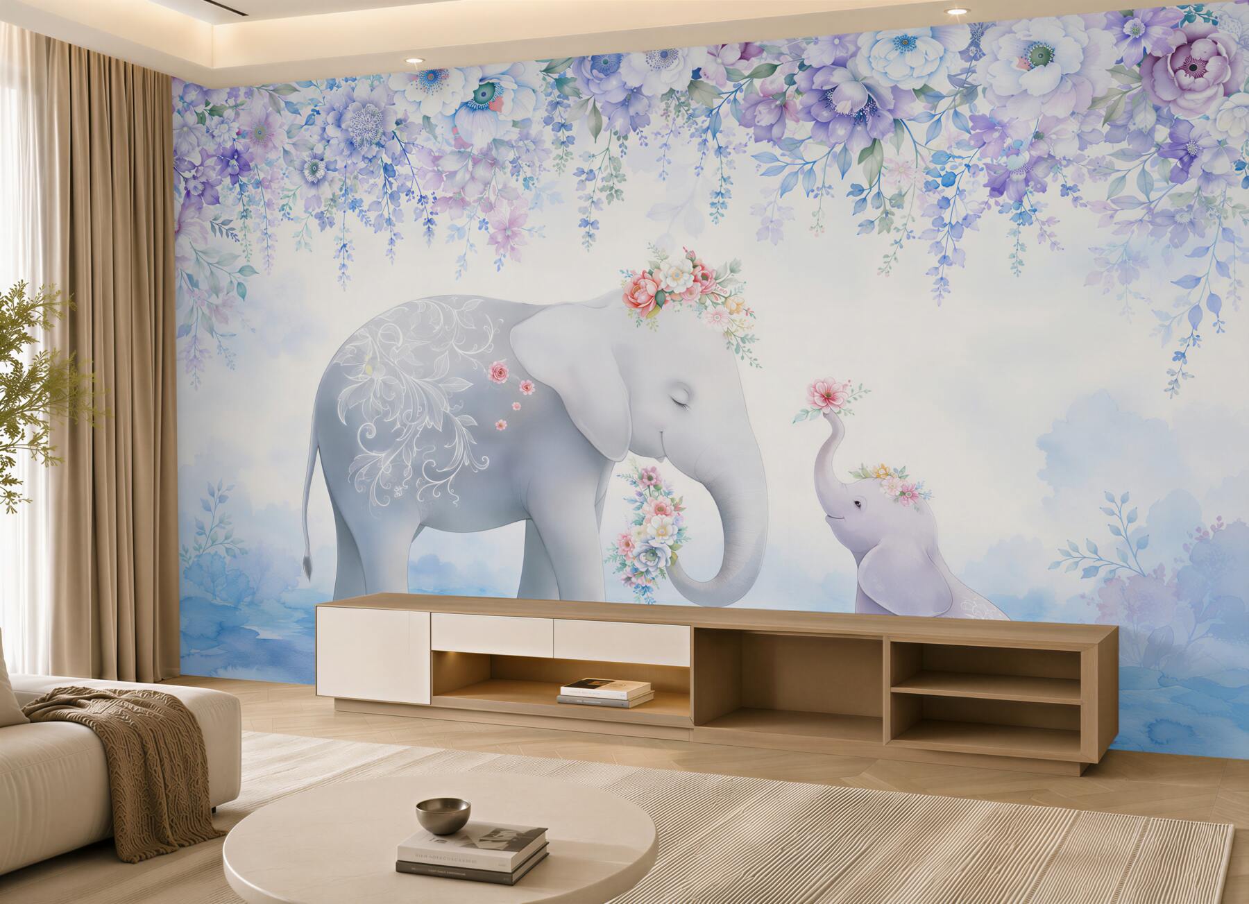 Fototapeten Elefant und Elefantenbaby in Blumen