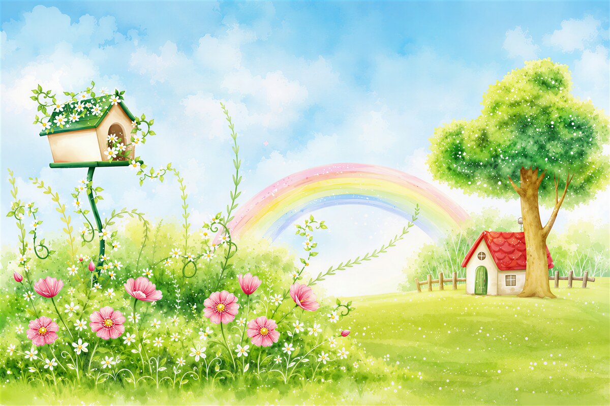 Fototapeten Wiese, Haus und Regenbogen