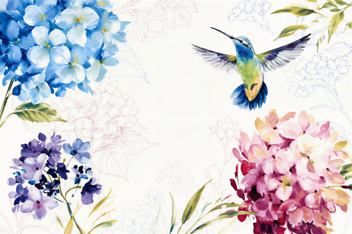 Fototapeten Kolibri, der um Blumen herum gezeichnet ist