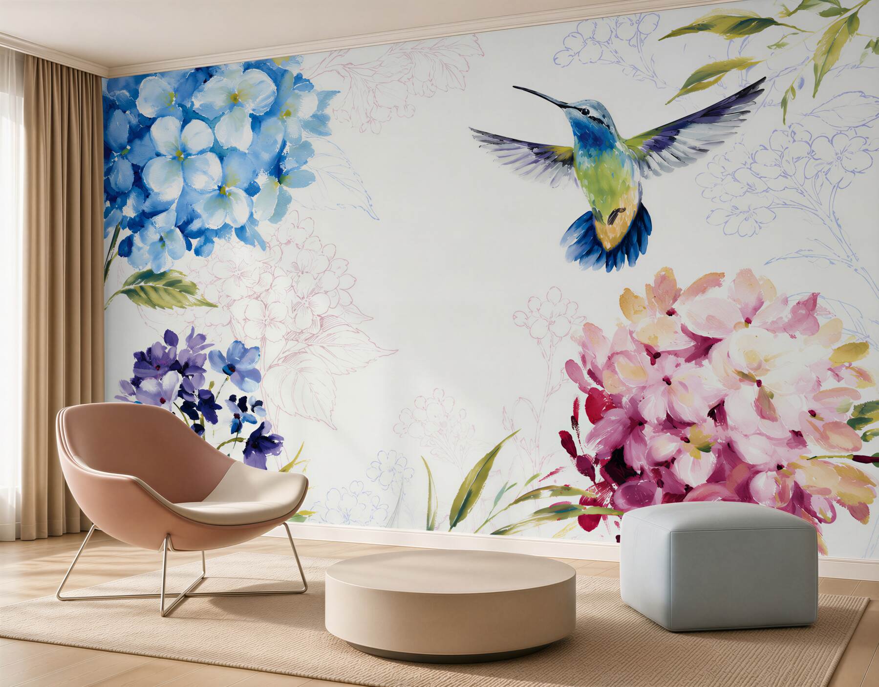 Fototapeten Kolibri, der um Blumen herum gezeichnet ist