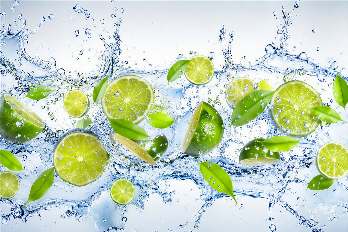 Fototapeten Schnitt von Zitrone im Wasser
