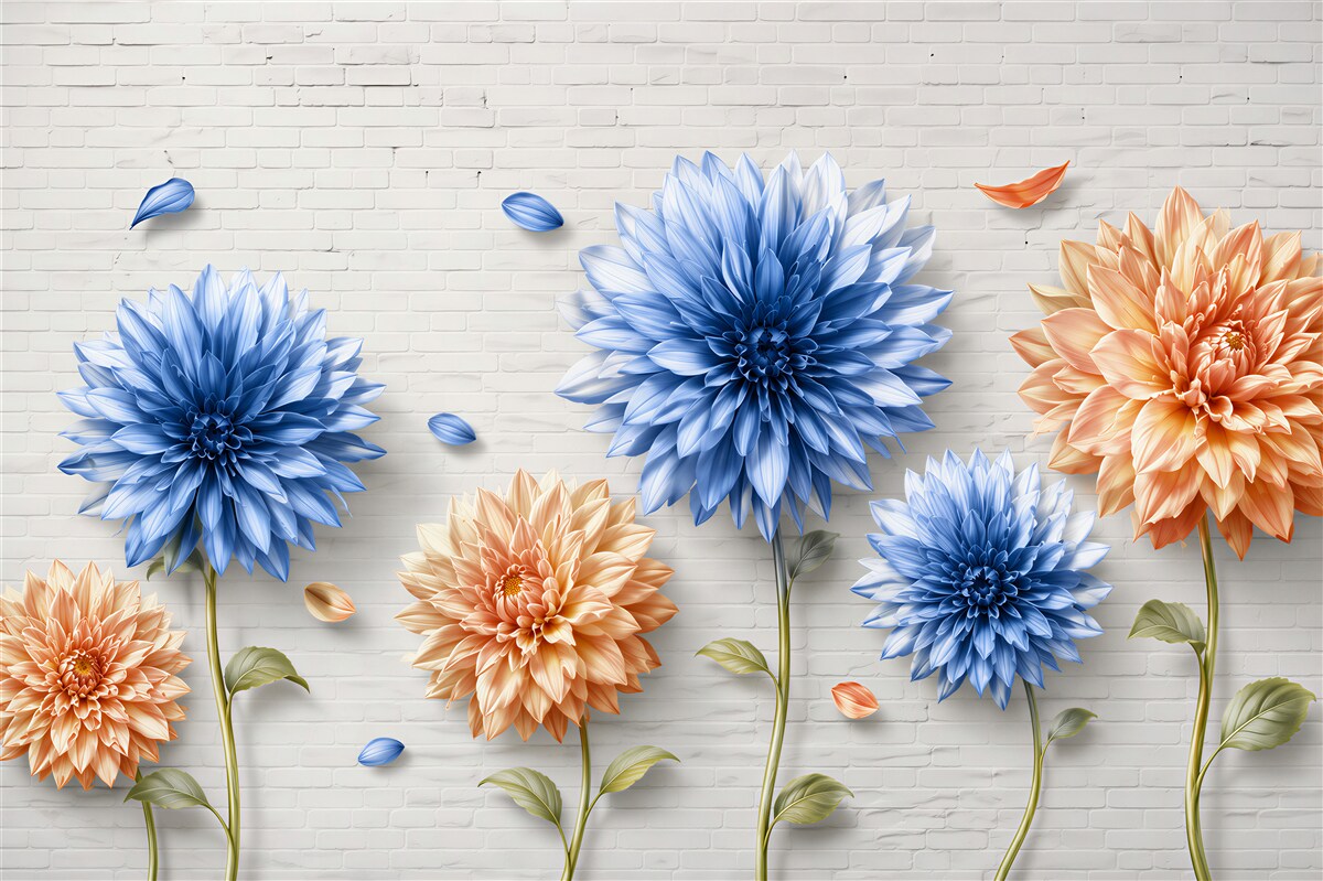 Fototapeten Braune und blaue Blumen auf Ziegelhintergrund