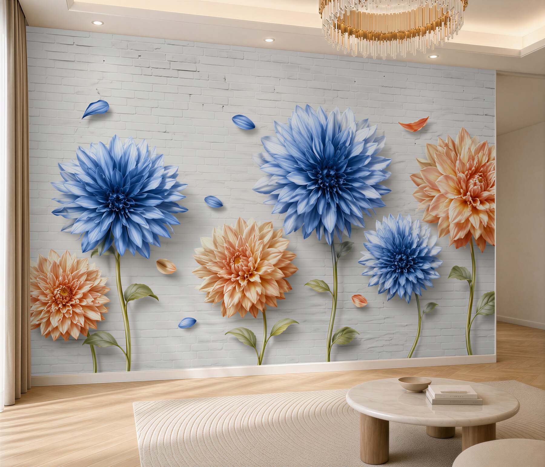 Fototapeten Braune und blaue Blumen auf Ziegelhintergrund