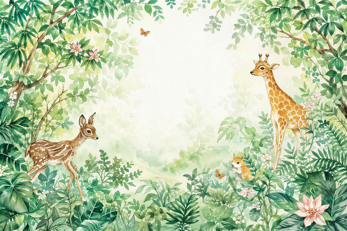 Fototapeten Begegnung zwischen einer Giraffe und einem Reh