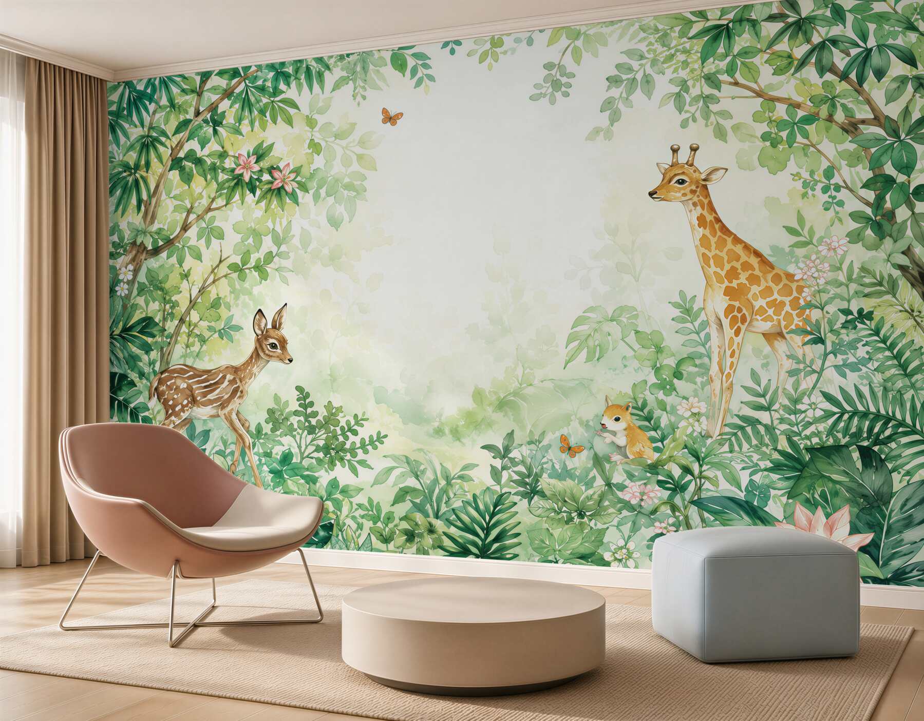Fototapeten Begegnung zwischen einer Giraffe und einem Reh