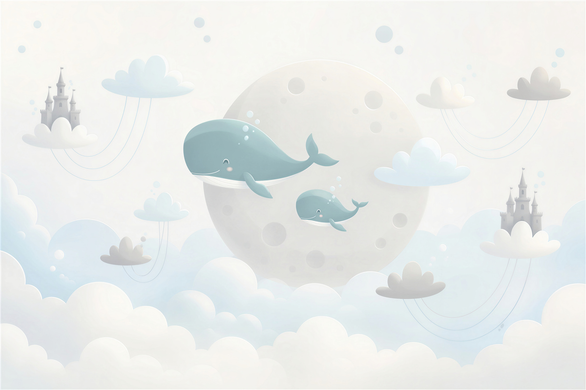 Fototapeten Familie von Walen, die durch die Wolken fliegen