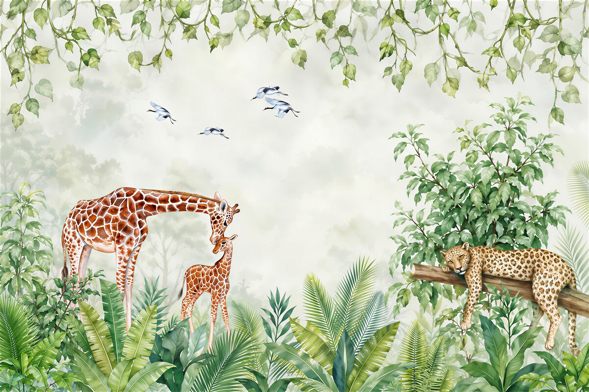 Fototapeten Giraffe und Tiger ruhen sich im Dschungel aus