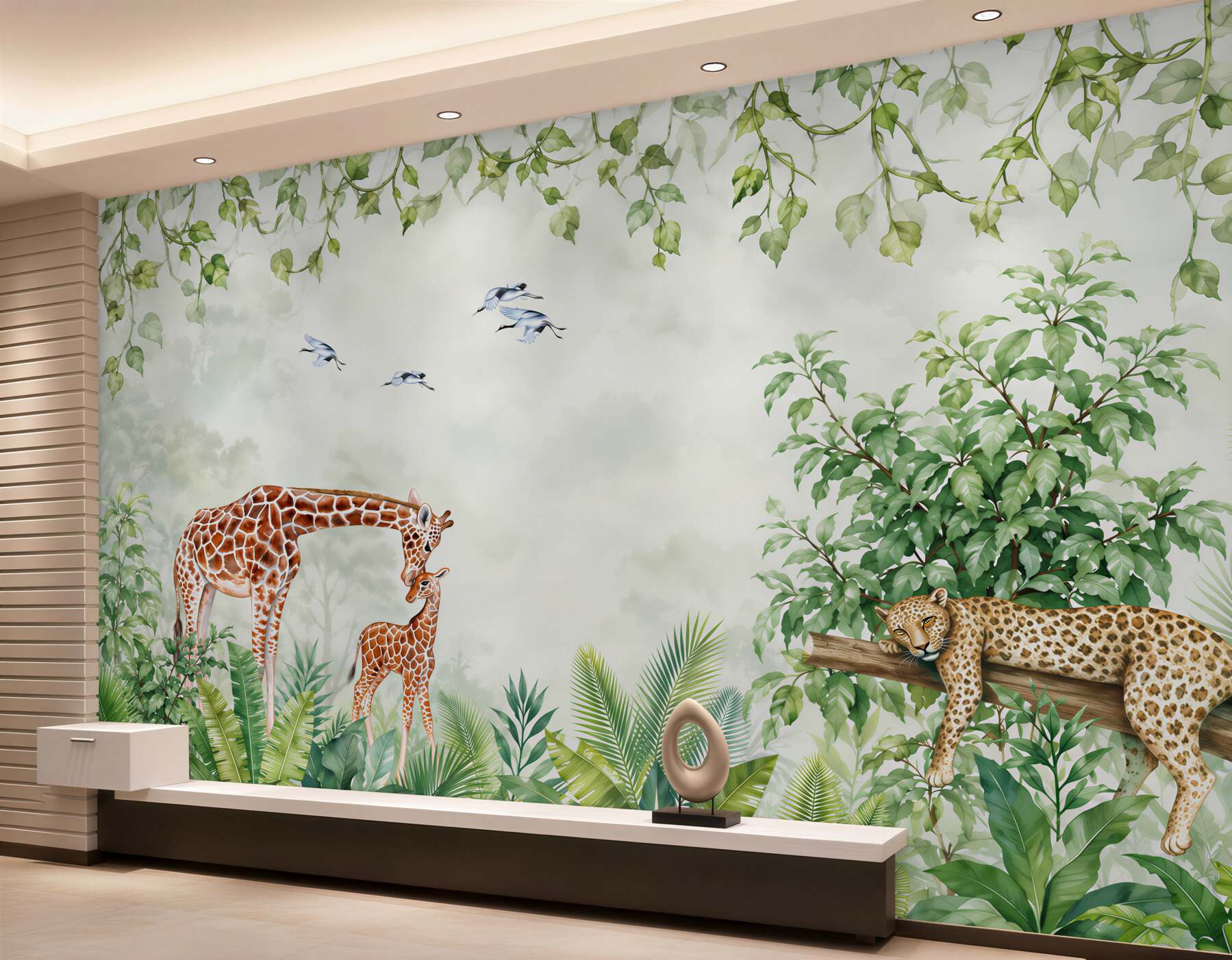 Fototapeten Giraffe und Tiger ruhen sich im Dschungel aus