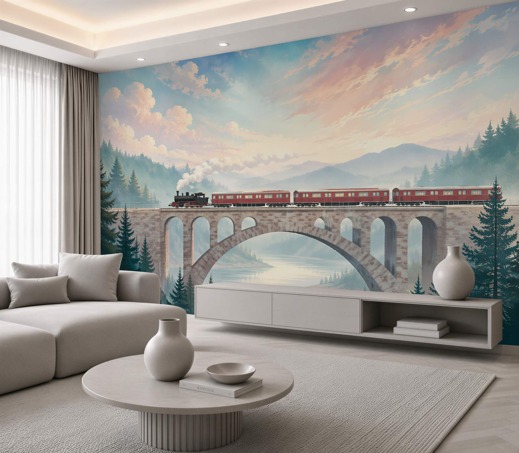 Fototapeten Zug fährt über eine Brücke