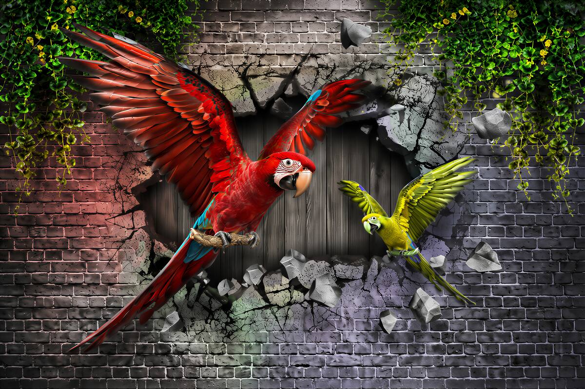Fototapeten Papageien fliegen durch die Wand