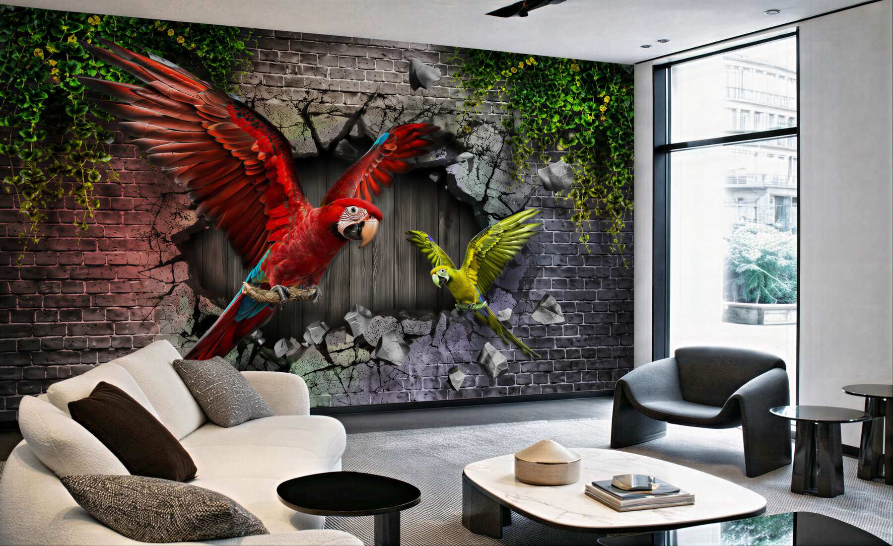 Fototapeten Papageien fliegen durch die Wand