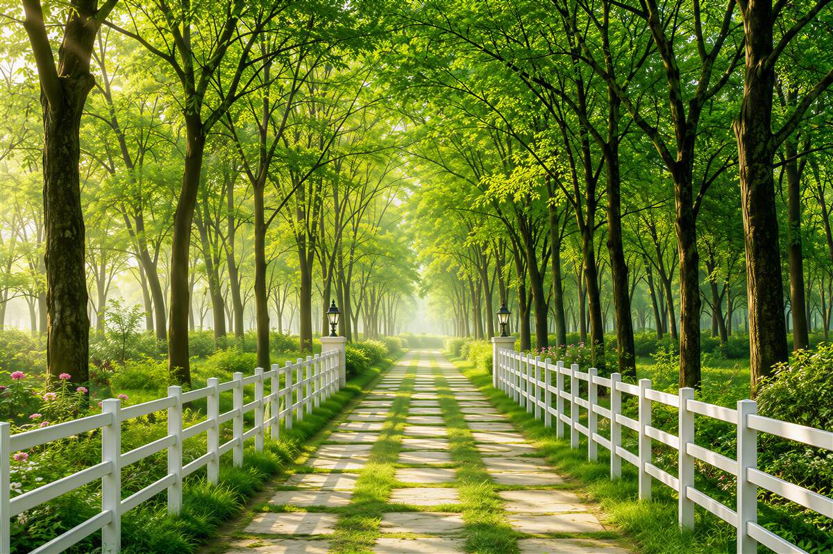 Fototapeten Dichter grüner Wald und blühender Weg