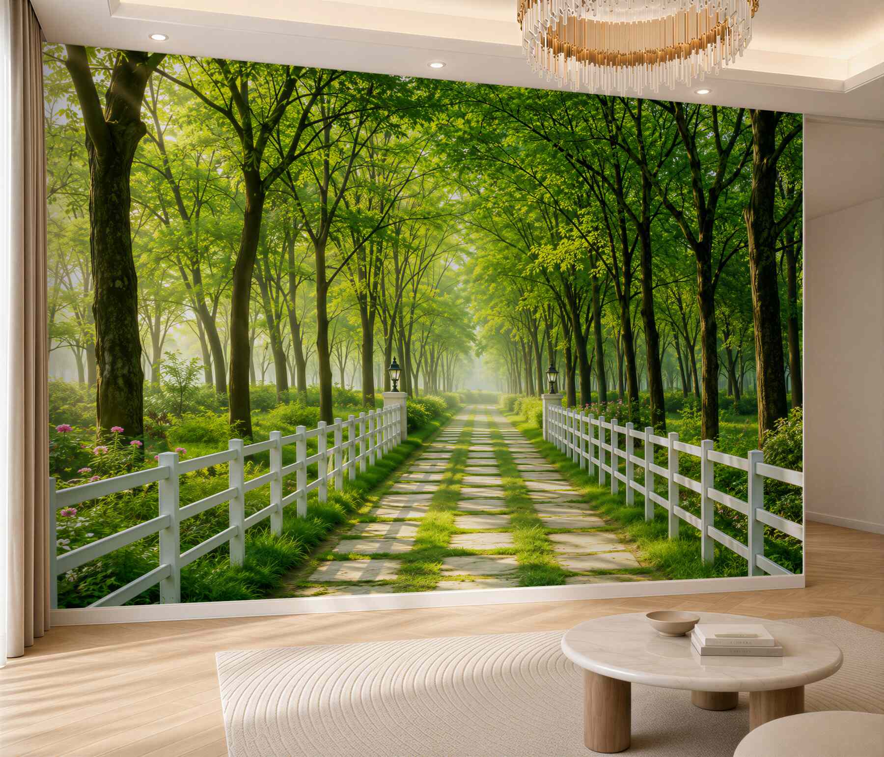 Fototapeten Dichter grüner Wald und blühender Weg