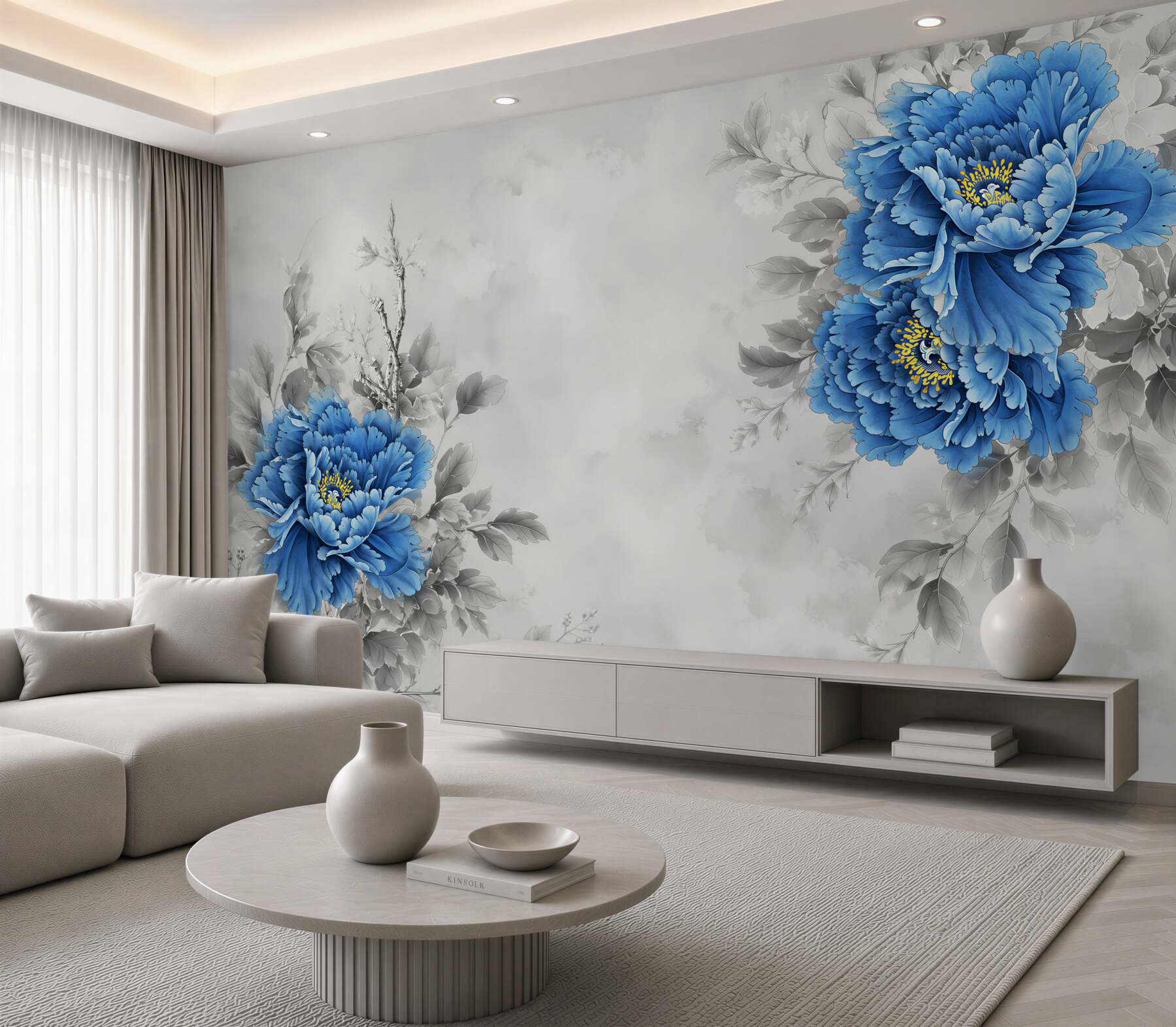 Fototapeten Blaue Blumen auf grauem Hintergrund
